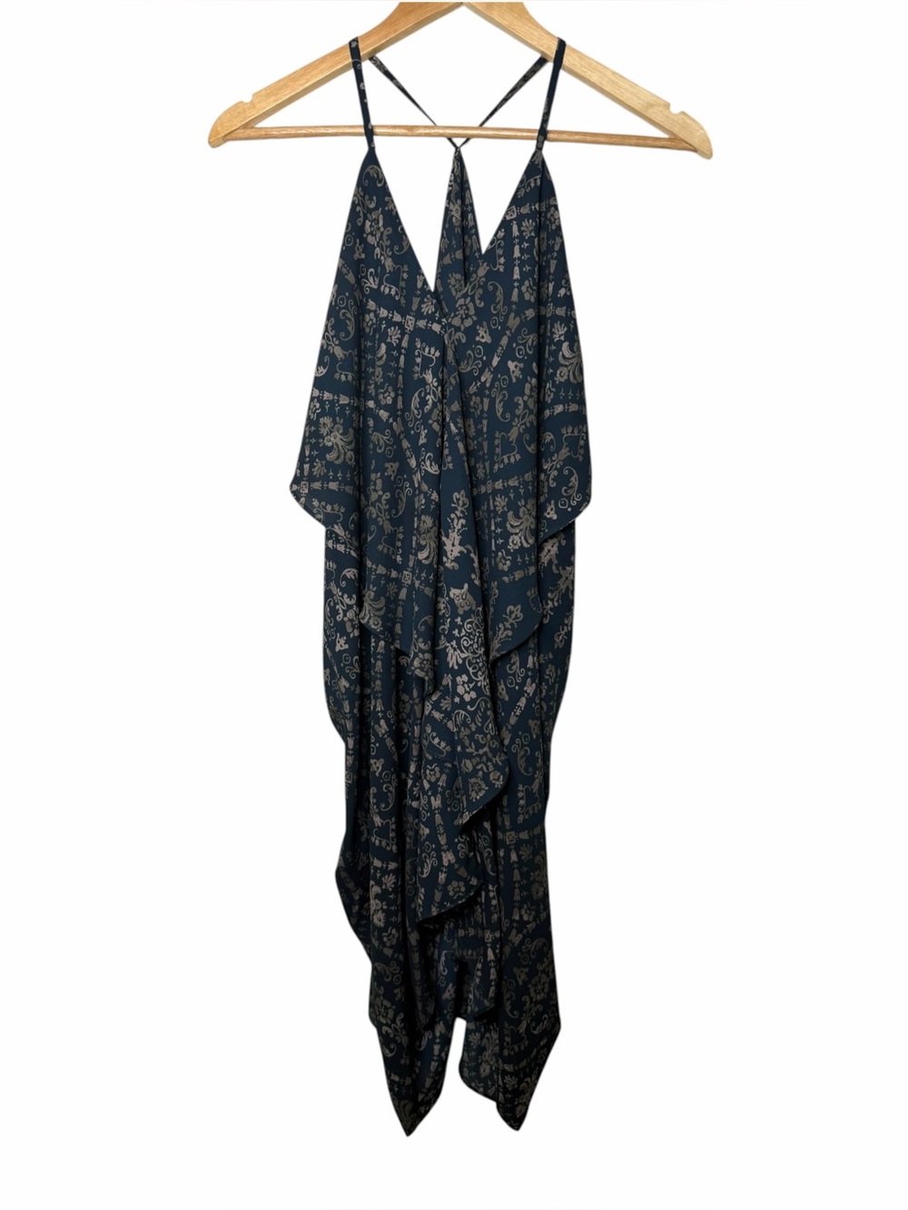 Olivaceous Flowy Navy Tan print handkerchief hem racer back midi dress small